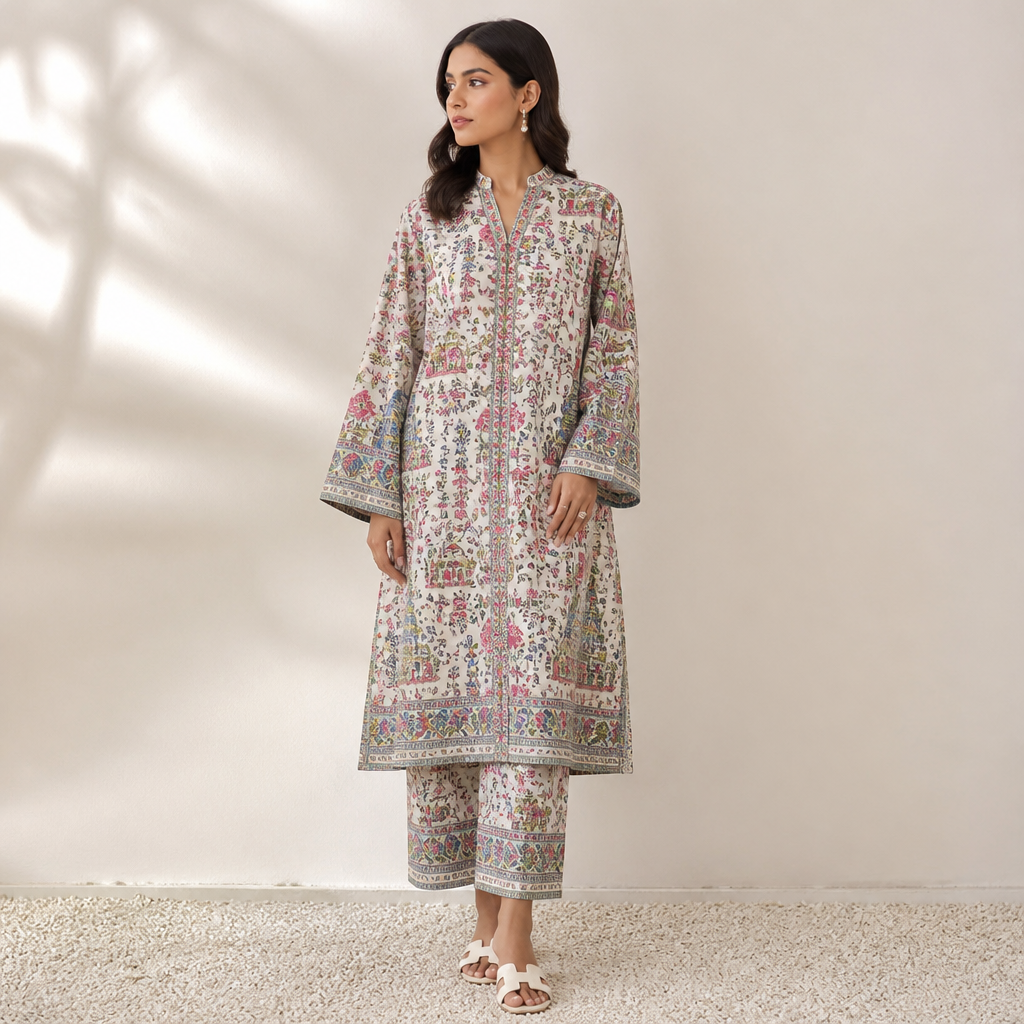 A Female Dress design, suitable for Summer. a busy printed long eastern shirt and trouser. same print in trouser. Pakistan fashion aesthetics.
photorealistic fashion design, A Female Dress design, suitable for Summer. a busy printed long eastern shirt and trouser. same print in trouser. Pakistan fashion aesthetics., just the design no text