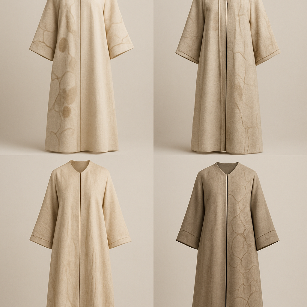 Create a modest two-piece linen abaya, the first of its kind, featuring a unique stone design that exudes a classy and sophisticated vibe. I’d like four designs, each showcasing different styles and fabrics. Incorporate high-end, unique chic stone designs to make them truly special. Add little sophisticated stone designs.

Create a modest two-piece linen abaya, the first of its kind, featuring a unique stone design that exudes a classy and sophisticated vibe. I’d like four designs, each showcasing different styles and fabrics. Incorporate high-end, unique chic stone designs to make them truly special. Add little sophisticated stone designs.