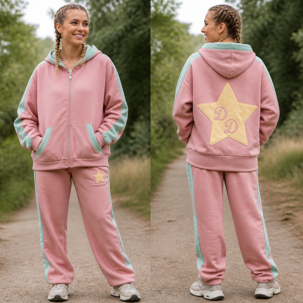 A smiling female model on a walk in nature with her hair in two french braids wearing a rose pink zip up oversized sweatshirt with a hood and a big butter yellow star on the back with two dusty rose pink cursive Ds on it and mint green accents and rose pink sweatpants with mint green accents and a small butter yellow star on the left side. Both pieces of clothing are made from 100% organic cotton.
photorealistic fashion design, A smiling female model on a walk in nature with her hair in two french braids wearing a rose pink zip up oversized sweatshirt with a hood and a big butter yellow star on the back with two dusty rose pink cursive Ds on it and mint green accents and rose pink sweatpants with mint green accents and a small butter yellow star on the left side. Both pieces of clothing are made from 100% organic cotton., athleisure style, just the design no text, show front and back