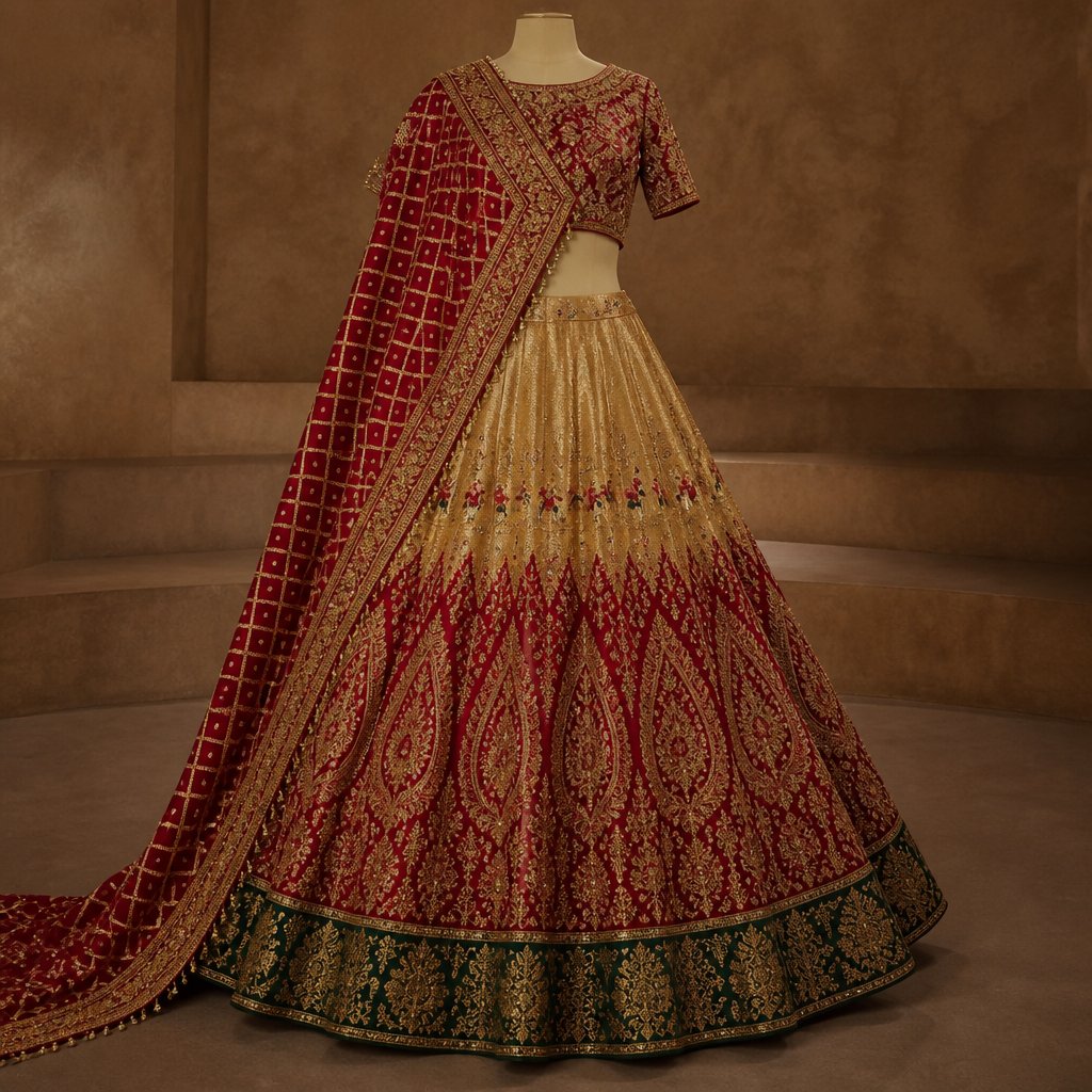 photorealistic fashion design, photorealistic fashion design, photorealistic fashion design, photorealistic fashion design, photorealistic fashion design, photorealistic fashion design, photorealistic fashion design, photorealistic fashion design, A Female fashion design, for Wedding, in Indian style. Dark shimmery golden tissue bridal lehenga with heavy flare and bottle green brocade border at the bottom and red raw silk long and broad paisley motifs placed above green border upto above knee. India fashion aesthetics., indian style, just the design no text. Refinement: Give Red gharchola Dupatta in gujrati style , just the design no text. Refinement: Keep the green border but make the entire area above green border in red colour uptil above knee, just the design no text. Refinement: In this outfit cover the area from hip to above knee in golden, just the design no text. Refinement: Make the golden area in this lehenga upto knee, just the design no text. Refinement: Fill the Golden area in this outfit with bride and groom varmala motifs embroidered in red green and golden colour in one horizontal line above red portion in this lehenga , just the design no text. Refinement: Make the varmala motifs half the size of this in this lehenga, just the design no text. Refinement: Make the width of green border at the bottom half of its size , just the design no text. Refinement: Thicken the green border to its double
photorealistic fashion design, photorealistic fashion design, photorealistic fashion design, photorealistic fashion design, photorealistic fashion design, photorealistic fashion design, photorealistic fashion design, photorealistic fashion design, photorealistic fashion design, A Female fashion design, for Wedding, in Indian style. Dark shimmery golden tissue bridal lehenga with heavy flare and bottle green brocade border at the bottom and red raw silk long and broad paisley motifs placed above green border upto above knee. India fashion aesthetics., indian style, just the design no text. Refinement: Give Red gharchola Dupatta in gujrati style , just the design no text. Refinement: Keep the green border but make the entire area above green border in red colour uptil above knee, just the design no text. Refinement: In this outfit cover the area from hip to above knee in golden, just the design no text. Refinement: Make the golden area in this lehenga upto knee, just the design no text. Refinement: Fill the Golden area in this outfit with bride and groom varmala motifs embroidered in red green and golden colour in one horizontal line above red portion in this lehenga , just the design no text. Refinement: Make the varmala motifs half the size of this in this lehenga, just the design no text. Refinement: Make the width of green border at the bottom half of its size , just the design no text. Refinement: Thicken the green border to its double , just the design no text