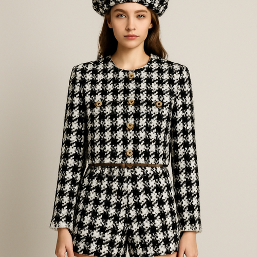 Tweed crop jacket in black and white with matching tweed shorts
Jacket slightly longer gold buttons pockets on breasts full length sleeves slight white fringe on end of sleeves
Bigger print and matching beret