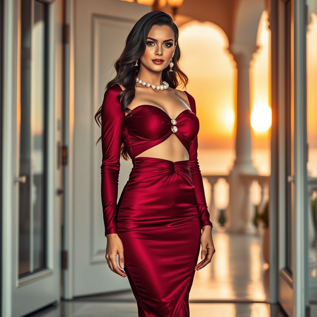 A glamorous, deep burgundy resort-wear dress inspired by a ruched bodice with pearl accents and a cut-out midriff design. The dress has elegant, long fitted sleeves that hug the arms, replacing the original short-sleeve style. The skirt is floor-length but more form-fitting, hugging the hips and legs before flowing slightly at the hem. The fabric is luxurious with a soft sheen and a slightly silky drape. The design should have a high-fashion, evening resort feel, photographed in soft golden sunset lighting, with a model standing confidently in a doorway or veranda.
Create a breathtaking, glamorous resort-wear ensemble in rich, deep burgundy that exudes elegance. Featuring a ruched bodice adorned with lustrous pearl accents and a daring cut-out midriff, the dress boasts long, fitted sleeves emphasizing graceful curves. The form-fitting skirt hugs the silhouette before cascading into a gentle flow, crafted from a luxurious fabric with a silky sheen, creating a captivating drape. Set against a soft golden sunset, the scene captures high-fashion allure, with the confident model styled against an opulent doorway or idyllic veranda, epitomizing glamour and sophistication in every detail.