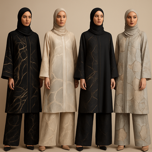 Create a modest abaya and loose pant, first of its kind, featuring a unique stone design that exudes a classy and sophisticated vibe. I'd like four designs, each showcasing different styles and fabrics. Incorporate high-end, unique chic stone designs to make them truly special. Add little sophisticated stone designs. Make it irresistible with designs that stands out.