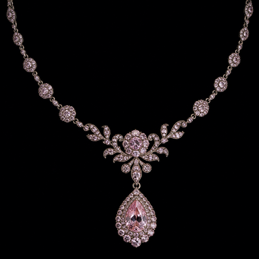 Pink Diamond Necklace, Black Background, Product Photo
photorealistic fashion design, Pink Diamond Necklace, Black Background, Product Photo, vintage style, just the design no text