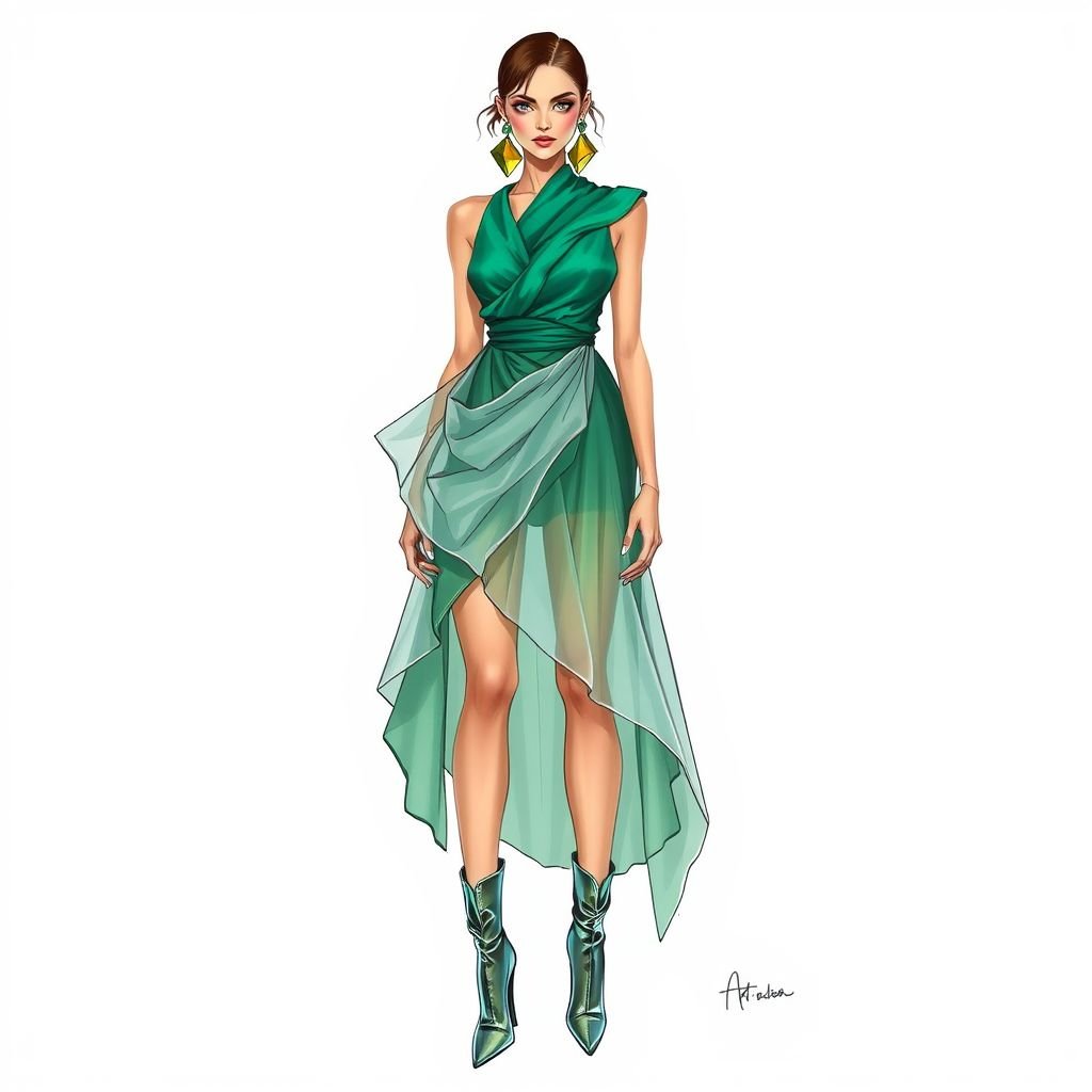 You know me;)
Design a chic, avant-garde ensemble that embodies individuality and charm. Picture an asymmetrical dress in vibrant emerald silk, adorned with cascading layers of translucent fabric. Accessorize with oversized, statement earrings featuring abstract geometric shapes, and finish with ankle-high, iridescent boots. This look exudes confidence and playful elegance, perfect for the fearless trendsetter.