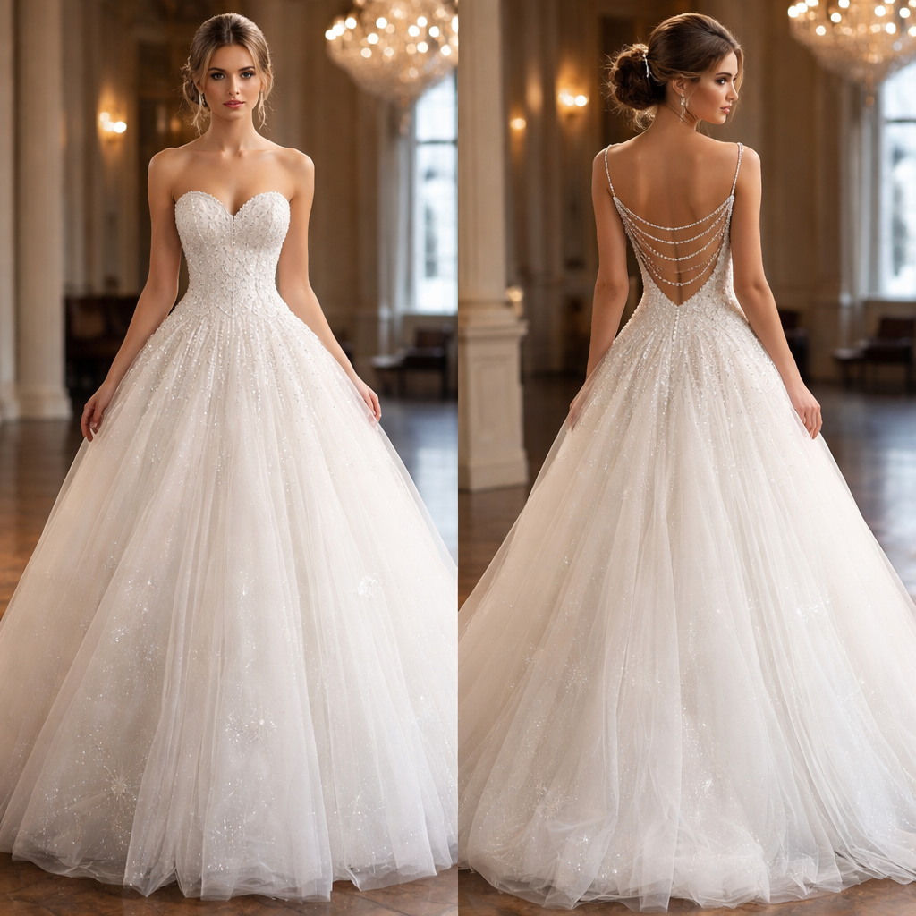 Create for me a strapless beaded white ball gown in silk and low cut on the back with 3 spaghetti straps across the back with sparkly crystals on each of the straps with a sheer tulle puffy bottom flowing to the ankles.
Create for me a strapless beaded white ball gown in silk and low cut on the back with 3 spaghetti straps across the back with sparkly crystals on each of the straps with a sheer tulle puffy bottom flowing to the ankles. , show front and back