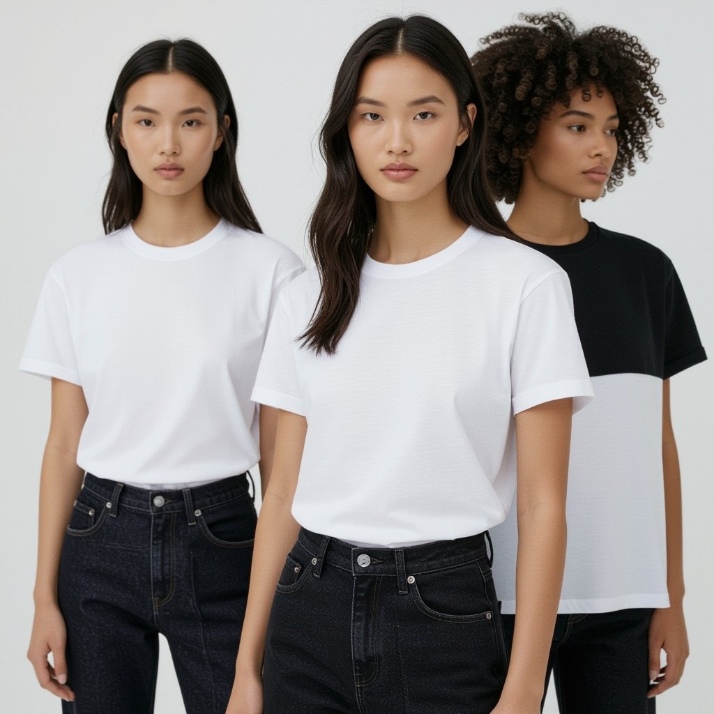 Nini
Nini in a white cotton t-shirt, relaxed fit, with a ribbed crew neck and short sleeves. Black denim jeans, straight leg, with a classic five-pocket design and belt loops.