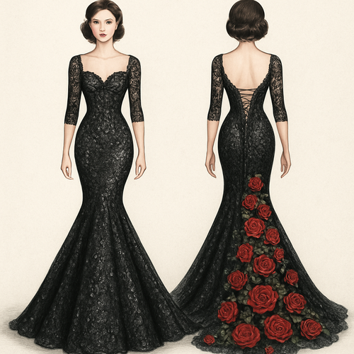 Mermaid wedding dress. Black lace with red roses cascading down the back. Long lace up corset back. Corset boning in the front of the top. 1/3 sleeves, sequins all over the dress.