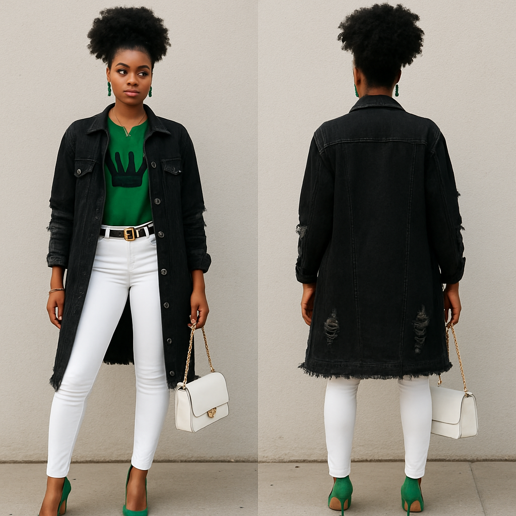 Black woman
Green shirt with 👑on it in black
Long black ripped jean jacket
Tight white pants gold belt
Gold bracelet
Green earrings
Green heels white purse
Gold necklace with cross
Black woman
Green shirt with 👑on it in black
Long black ripped jean jacket
Tight white pants gold belt
Gold bracelet
Green earrings
Green heels white purse
Gold necklace with cross
, streetwear style, show front and back