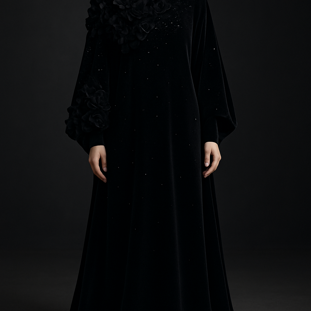 The Velvet Midnight Bloom Abaya
Tone: Deep velvet black
Fabric: Heavy velvet–crepe blend
Design:
A dense cluster of 3D velvet flowers around the neckline flowing softly across one sleeve.
Embellishment:
Black Swarovski stones scattered like stars.
Vibe:
Royal, powerful, and irresistibly classy.
The Velvet Midnight Bloom Abaya
Tone: Deep velvet black
Fabric: Heavy velvet–crepe blend
Design:
A dense cluster of 3D velvet flowers around the neckline flowing softly across one sleeve.
Embellishment:
Black Swarovski stones scattered like stars.
Vibe:
Royal, powerful, and irresistibly classy.