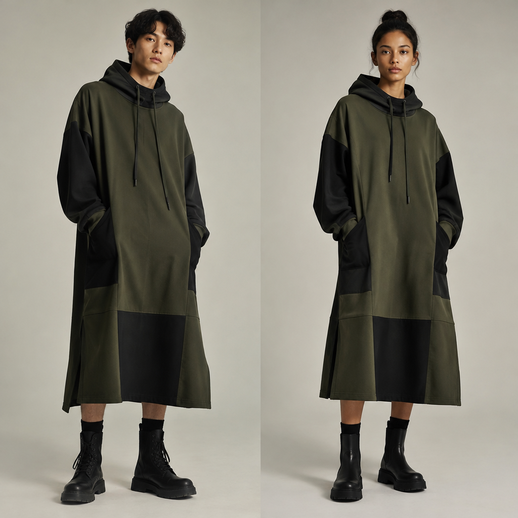 A Unisex Dress design, suitable for Fall. Consider American fashion — diverse and trend-driven, casual-cool, athleisure influence, regional variety from NYC sophistication to LA relaxed. Current season is Autumn in United States. Present it as professional fashion catalogue photography: the garment is the subject, shown full-length with editorial styling, neutral posing and tasteful, non-suggestive framing.
photorealistic fashion design, A Unisex Dress design, suitable for Fall. Consider American fashion — diverse and trend-driven, casual-cool, athleisure influence, regional variety from NYC sophistication to LA relaxed. Current season is Autumn in United States. Present it as professional fashion catalogue photography: the garment is the subject, shown full-length with editorial styling, neutral posing and tasteful, non-suggestive framing., just the design no text