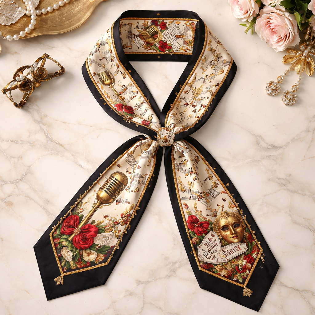 Silk scarf that is 5x86cm designed for someone who is attending a musical play production
Silk scarf that is 5x86cm designed for someone who is attending a musical play production, classic style