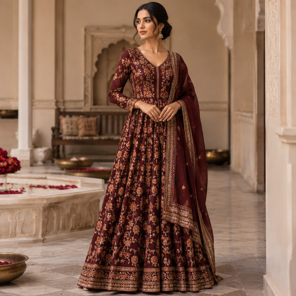 A Female Dress design, suitable for Fall. Consider Indian fashion aesthetics — consider saree, lehenga, salwar kameez, kurti, anarkali; local fabrics like chanderi, banarasi, chikankari, block prints; vibrant colors and rich embroidery. Current season is Autumn in India. Present it as professional fashion catalogue photography: the garment is the subject, shown full-length with editorial styling, neutral posing and tasteful, non-suggestive framing.
photorealistic fashion design, A Female Dress design, suitable for Fall. Consider Indian fashion aesthetics — consider saree, lehenga, salwar kameez, kurti, anarkali; local fabrics like chanderi, banarasi, chikankari, block prints; vibrant colors and rich embroidery. Current season is Autumn in India. Present it as professional fashion catalogue photography: the garment is the subject, shown full-length with editorial styling, neutral posing and tasteful, non-suggestive framing., just the design no text