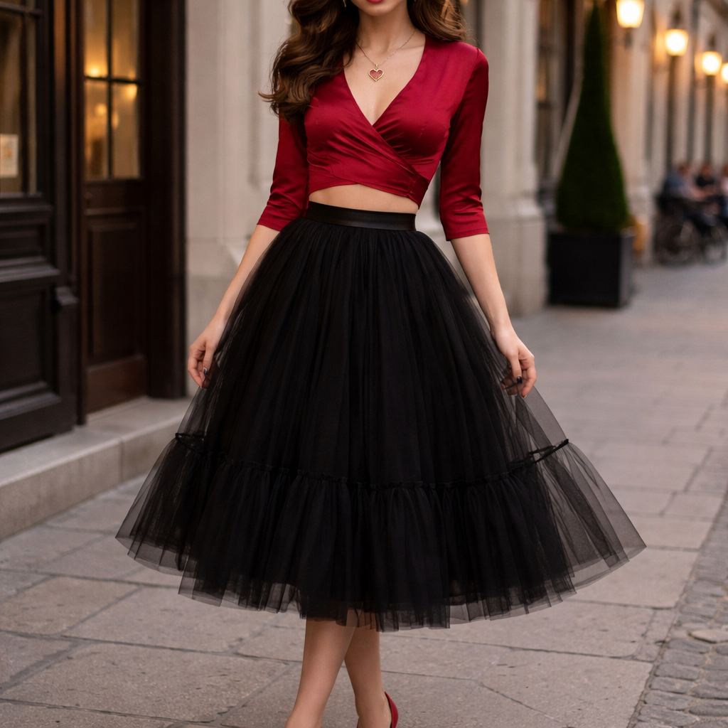 Create a romantic date look with a silk cherry red wrap top that reveals a hint of the models toned stomach with three quarter sleeves, a layered tulle black midi skirt and stunning red heals. The look is finished with a vintage heart shaped pendant and eye catching hair and makeup.
Create a romantic date look with a silk cherry red wrap top that reveals a hint of the models toned stomach with three quarter sleeves, a layered tulle black midi skirt and stunning red heals. The look is finished with a vintage heart shaped pendant and eye catching hair and makeup., classic style