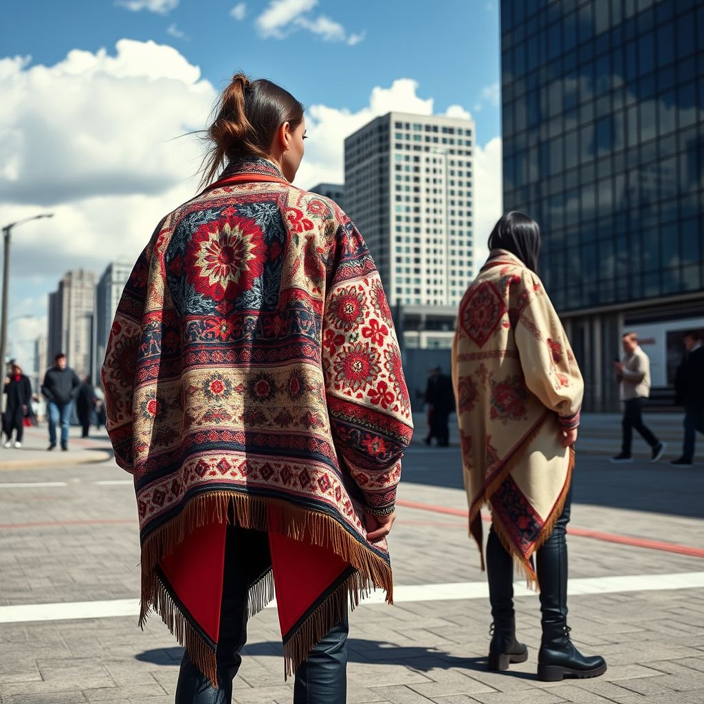 A bold fusion of traditional Kazakh elements with modern streetwear. Features oversized jackets inspired by shapan, rich ornamental embroidery, and futuristic cuts. Designed for confident youth who want to express culture and creativity at once.
Envision an urban landscape, where oversized shapan-inspired jackets blend seamlessly with contemporary streetwear. Each piece showcases intricate, hand-stitched embroidery of Kazakh motifs, vibrant patterns contrasting against muted tones. Futuristic silhouettes, like asymmetrical hems and angular cuts, empower a new generation to explore heritage through edgy, wearable art, celebrating identity and innovation.