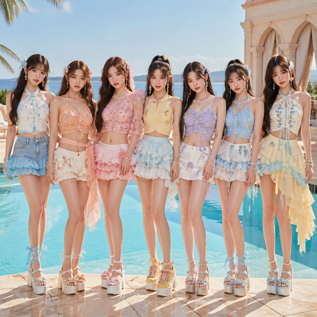 Create a detailed fashion concept board for a fictional 7-member K-pop girl group FLOA, for their debut album “FIZZ!” — FLOATIE version.
CONCEPT:
Playful poolside summer vacation × dreamy seaside resort × whimsical Y2K girlhood × romantic vintage details.
The styling must feel EXTREMELY SUMMER and visually elaborate. The outfits should look like real high-fashion vacation outfits, not basic tank tops and denim. Use interesting silhouettes, decorative elements, layered fabrics, embroidery, appliqués and playful accessories.
IMPORTANT:
Only show and design:
1. Clothing
2. Shoes
3. Hair accessories and jewelry
4. Hairstyles
DO NOT include bags, handbags, purses, backpacks or other bags.
Do not add unrelated props.
OVERALL COLOR PALETTE:
aqua, sky blue, white, cream, butter yellow, peach, coral pink, lavender, mint, soft green and light denim.
Do NOT assign one color to each member. Mix colors between the members so all seven outfits look like one cohesive designer collection.
DESIGN LANGUAGE:
ruched tops, halter tops, asymmetric silhouettes, tie-front details, low-rise skirts, layered mini skirts, bubble skirts, ruffle hems, sheer mesh, lightweight chiffon, crochet, lace inserts, embroidered flowers, 3D floral appliqués, shell decorations, pearl clusters, colorful beads, ribbon ties, translucent details and playful summer motifs.
MEMBER 1 — SIA:
White ruched halter top with aqua piping, tiny embroidered flowers and shell-shaped decorative buttons.
Low-rise light-wash denim mini skirt with an aqua sheer ruffle layer underneath and tiny embroidered seashells around the hem.
White platform sandals with aqua ribbon ties and pearl details.
Shell earrings, blue-and-yellow beaded bracelet stack and pearl anklet.
Soft beach waves styled half-up with a small aqua ribbon.
MEMBER 2 — NOVA:
Peach crochet halter top with an intricate floral knit pattern and cream ribbon ties.
Cream low-rise bubble shorts with peach and yellow embroidered flowers.
Sheer peach waist scarf with tiny floral embroidery.
Cream platform sandals decorated with small flowers and beads.
Layered colorful bead necklaces, shell earrings and peach flower hair clips.
Loose beach waves with two tiny braids framing the face.
MEMBER 3 — SEOLA:
Blush-pink asymmetrical halter top with white floral print, ruched fabric and a dramatic sheer ruffle sleeve.
White mini skirt with three layers of pink chiffon ruffles and tiny 3D rose appliqués.
White platform Mary Jane sandals with pink flower decorations.
Pearl-and-shell necklace, pink beaded bracelet and floral anklet.
Loose romantic curls with a large pink ribbon tied at the back.
MEMBER 4 — ISEUL:
Butter-yellow cropped halter top with aqua piping, tiny embroidered lemons and miniature flowers.
Aqua-and-white bubble mini skirt with layered ruffles and a scalloped hem.
Yellow platform sneakers with colorful ribbon laces and small floral charms.
Colorful bead bracelets, tiny fruit-inspired jewelry and yellow flower hair clips.
High half-up ponytail with curled ends and small ribbon ties.
MEMBER 5 — ZOE:
Lavender asymmetric ruched camisole with a sheer aqua ruffle sleeve and silver floral embroidery.
White low-rise denim mini skirt with lavender 3D flower appliqués and a delicate silver chain detail.
Silver platform sandals decorated with tiny stars, pearls and crystal-like accents.
Silver star earrings, layered pearl necklace and lavender butterfly hair clips.
Long glossy waves with two thin face-framing braids.
MEMBER 6 — SIEUN:
Baby-blue ruffled halter top with white lace inserts, tiny pearl embroidery and ribbon ties.
White bubble mini skirt with three layers of pale-blue floral ruffles and tiny shell appliqués.
White platform sandals with blue ribbon laces and small flower decorations.
Pearl earrings, shell anklet, blue beaded bracelet and tiny ribbon hair clips.
Soft half-up curls with small blue bows.
MEMBER 7 — AERIN — CENTER:
Ivory ruched halter top with aqua and mint floral embroidery, tiny pearl clusters and long mint ribbon ties.
Butter-yellow low-rise layered mini skirt with aqua ruffles, 3D floral appliqués and a sheer asymmetrical panel.
Aqua-and-white platform sandals with pearl ankle-chain details and small shell charms.
3D flower hair clip, shell earrings, layered pearl-and-bead bracelets and delicate anklet.
Long glossy beach waves styled half-up, with loose strands framing the face.
GROUP COHESION:
All seven outfits should look like they belong to the same luxury summer collection.
Repeat design elements throughout the group: shells, flowers, ribbons, pearls, beads, ruffles, embroidery, sheer layers and playful summer motifs.
However, every member must have a unique silhouette and styling combination.
The result should feel like seven girls spending a dreamy summer vacation at a luxurious poolside resort.
Colorful, feminine, youthful, detailed, playful and whimsical.
Strong summer identity.
No minimalist styling.
No plain basic outfits.
No bags.
Full-body fashion styling with the complete clothing, shoes, jewelry, hair accessories and hairstyles clearly visible.. Design with modest coverage.
photorealistic fashion design, Create a detailed fashion concept board for a fictional 7-member K-pop girl group FLOA, for their debut album “FIZZ!” — FLOATIE version.
CONCEPT:
Playful poolside summer vacation × dreamy seaside resort × whimsical Y2K girlhood × romantic vintage details.
The styling must feel EXTREMELY SUMMER and visually elaborate. The outfits should look like real high-fashion vacation outfits, not basic tank tops and denim. Use interesting silhouettes, decorative elements, layered fabrics, embroidery, appliqués and playful accessories.
IMPORTANT:
Only show and design:
1. Clothing
2. Shoes
3. Hair accessories and jewelry
4. Hairstyles
DO NOT include bags, handbags, purses, backpacks or other bags.
Do not add unrelated props.
OVERALL COLOR PALETTE:
aqua, sky blue, white, cream, butter yellow, peach, coral pink, lavender, mint, soft green and light denim.
Do NOT assign one color to each member. Mix colors between the members so all seven outfits look like one cohesive designer collection.
DESIGN LANGUAGE:
ruched tops, halter tops, asymmetric silhouettes, tie-front details, low-rise skirts, layered mini skirts, bubble skirts, ruffle hems, sheer mesh, lightweight chiffon, crochet, lace inserts, embroidered flowers, 3D floral appliqués, shell decorations, pearl clusters, colorful beads, ribbon ties, translucent details and playful summer motifs.
MEMBER 1 — SIA:
White ruched halter top with aqua piping, tiny embroidered flowers and shell-shaped decorative buttons.
Low-rise light-wash denim mini skirt with an aqua sheer ruffle layer underneath and tiny embroidered seashells around the hem.
White platform sandals with aqua ribbon ties and pearl details.
Shell earrings, blue-and-yellow beaded bracelet stack and pearl anklet.
Soft beach waves styled half-up with a small aqua ribbon.
MEMBER 2 — NOVA:
Peach crochet halter top with an intricate floral knit pattern and cream ribbon ties.
Cream low-rise bubble shorts with peach and yellow embroidered flowers.
Sheer peach waist scarf with tiny floral embroidery.
Cream platform sandals decorated with small flowers and beads.
Layered colorful bead necklaces, shell earrings and peach flower hair clips.
Loose beach waves with two tiny braids framing the face.
MEMBER 3 — SEOLA:
Blush-pink asymmetrical halter top with white floral print, ruched fabric and a dramatic sheer ruffle sleeve.
White mini skirt with three layers of pink chiffon ruffles and tiny 3D rose appliqués.
White platform Mary Jane sandals with pink flower decorations.
Pearl-and-shell necklace, pink beaded bracelet and floral anklet.
Loose romantic curls with a large pink ribbon tied at the back.
MEMBER 4 — ISEUL:
Butter-yellow cropped halter top with aqua piping, tiny embroidered lemons and miniature flowers.
Aqua-and-white bubble mini skirt with layered ruffles and a scalloped hem.
Yellow platform sneakers with colorful ribbon laces and small floral charms.
Colorful bead bracelets, tiny fruit-inspired jewelry and yellow flower hair clips.
High half-up ponytail with curled ends and small ribbon ties.
MEMBER 5 — ZOE:
Lavender asymmetric ruched camisole with a sheer aqua ruffle sleeve and silver floral embroidery.
White low-rise denim mini skirt with lavender 3D flower appliqués and a delicate silver chain detail.
Silver platform sandals decorated with tiny stars, pearls and crystal-like accents.
Silver star earrings, layered pearl necklace and lavender butterfly hair clips.
Long glossy waves with two thin face-framing braids.
MEMBER 6 — SIEUN:
Baby-blue ruffled halter top with white lace inserts, tiny pearl embroidery and ribbon ties.
White bubble mini skirt with three layers of pale-blue floral ruffles and tiny shell appliqués.
White platform sandals with blue ribbon laces and small flower decorations.
Pearl earrings, shell anklet, blue beaded bracelet and tiny ribbon hair clips.
Soft half-up curls with small blue bows.
MEMBER 7 — AERIN — CENTER:
Ivory ruched halter top with aqua and mint floral embroidery, tiny pearl clusters and long mint ribbon ties.
Butter-yellow low-rise layered mini skirt with aqua ruffles, 3D floral appliqués and a sheer asymmetrical panel.
Aqua-and-white platform sandals with pearl ankle-chain details and small shell charms.
3D flower hair clip, shell earrings, layered pearl-and-bead bracelets and delicate anklet.
Long glossy beach waves styled half-up, with loose strands framing the face.
GROUP COHESION:
All seven outfits should look like they belong to the same luxury summer collection.
Repeat design elements throughout the group: shells, flowers, ribbons, pearls, beads, ruffles, embroidery, sheer layers and playful summer motifs.
However, every member must have a unique silhouette and styling combination.
The result should feel like seven girls spending a dreamy summer vacation at a luxurious poolside resort.
Colorful, feminine, youthful, detailed, playful and whimsical.
Strong summer identity.
No minimalist styling.
No plain basic outfits.
No bags.
Full-body fashion styling with the complete clothing, shoes, jewelry, hair accessories and hairstyles clearly visible.. Design with modest coverage., just the design no text