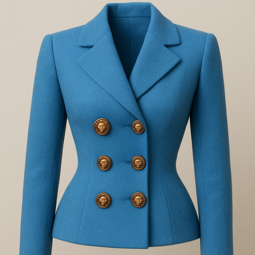 جاكت. ازرق    استايل مارلين مونرو بزراير برونز علي شكل راس مارلين مونرو 
