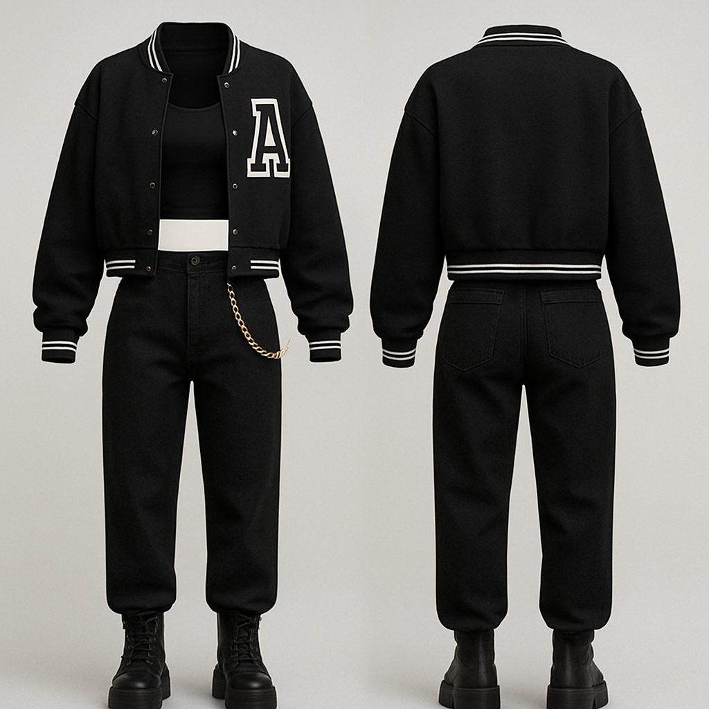 A crop top a letters men jacket a pair of pants with a gold chain on them and some platform boots
A crop top a letters men jacket a pair of pants with a gold chain on them and some platform boots , streetwear style, show front and back