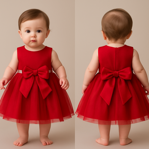 一歳の女の子着用画
赤いノンスリーブベビードレス
大きな赤いリボン
シルバーの装飾
