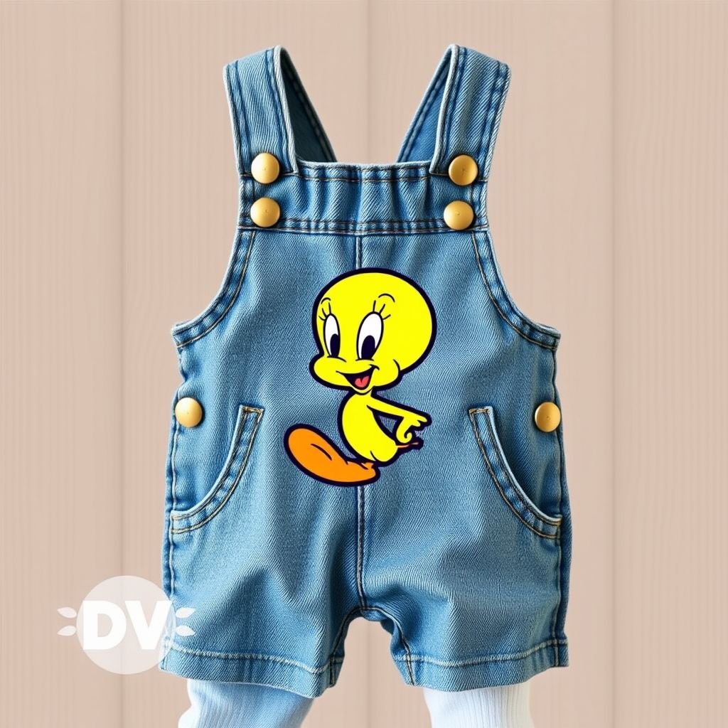Early 2000’s vintage Baby infant and toddler tweety bird cartoon Jean jump suit. With DV on bottom left corner. Make sure to actually include the tweety bird cartoon character
Design a charming early 2000s vintage-inspired denim jumpsuit for infants and toddlers adorned with a vibrant, playful Tweety Bird graphic on the front. Emphasize soft, faded blue denim, complete with classic brass buttons and adjustable straps. The "DV" logo in the bottom left corner adds a nostalgic touch to this whimsical outfit.