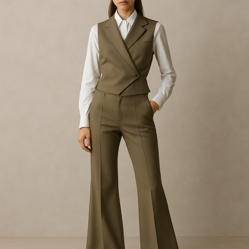 Cross khaki vest and flared khaki bottoms with a khaki cap with a mix of sporty and business look