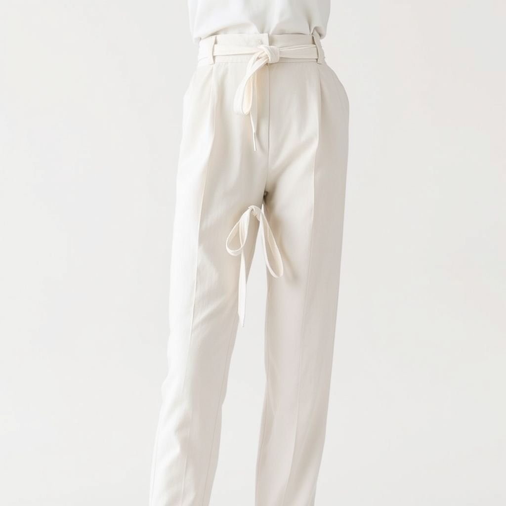 Pants removal self tie lace belt cotton light
Design a minimalist ensemble featuring light cotton pants with an innovative self-tie lace belt. Emphasize clean lines and neutral tones, ensuring the fabric drapes effortlessly. The pants should have a tailored, tapered silhouette, while the lace belt serves as a subtle accent, maintaining a serene and uncluttered aesthetic.