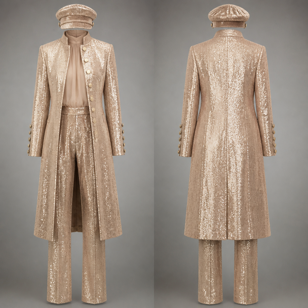 No model just outfit , sequin long coat with matching pants 6 buttons on sleeve of coat single breasted mandarin collar also a sheer blouse , captain sequin hat in all champagne color
photorealistic fashion design, No model just outfit , sequin long coat with matching pants 6 buttons on sleeve of coat single breasted mandarin collar also a sheer blouse , captain sequin hat in all champagne color , velvet style, just the design no text, show front and back