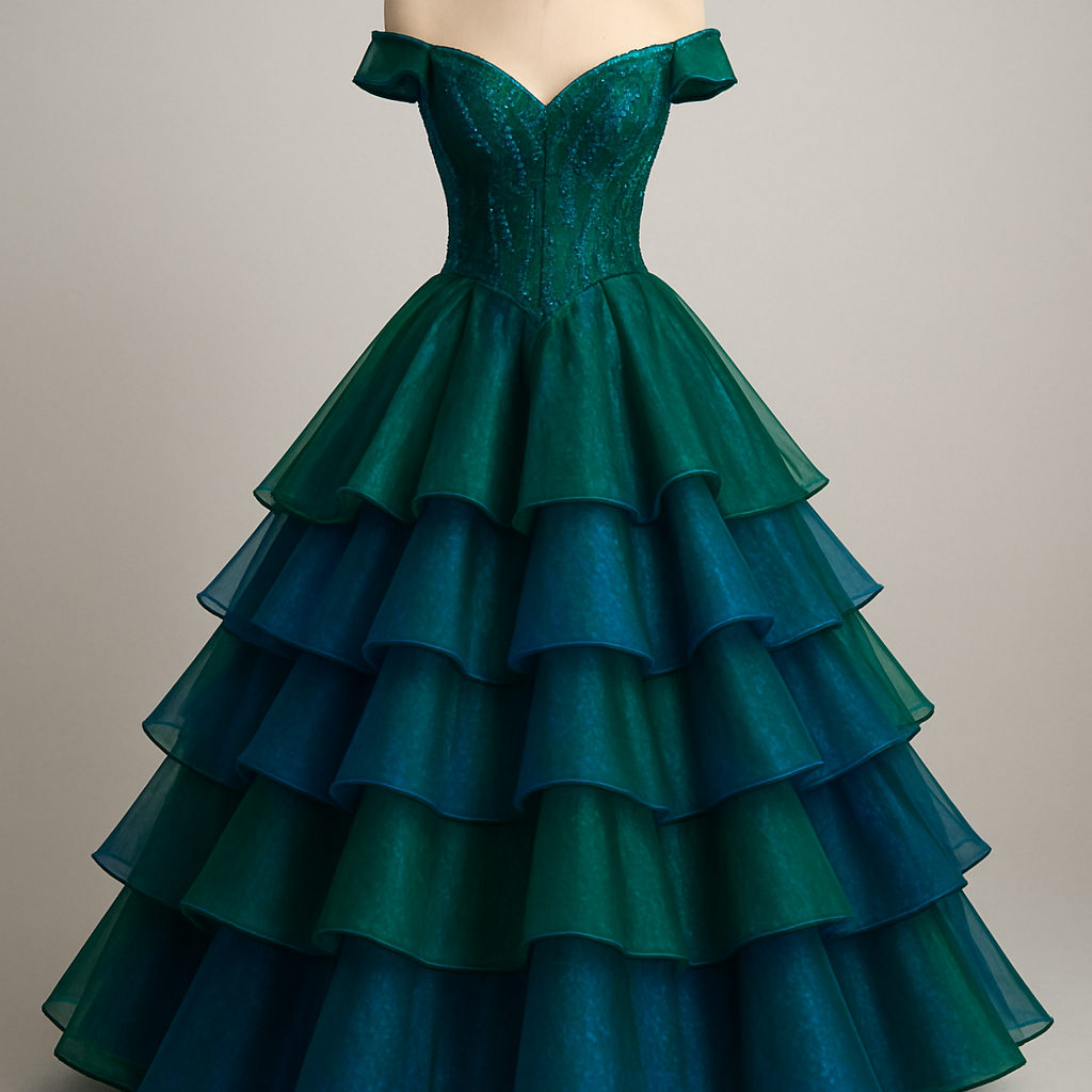 A blue and green A-line pageant dress with a layered skirt. I want the main color to be an emerald green with hints of royal blue stones. But I wanted the skirt to be cupcake layered with blue and green organza. The top portion will be a sweetheart neckline with off the shoulder straps
A blue and green A-line pageant dress with a layered skirt. I want the main color to be an emerald green with hints of royal blue stones. But I wanted the skirt to be cupcake layered with blue and green organza. The top portion will be a sweetheart neckline with off the shoulder straps , formal style