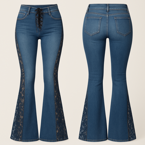 It needs to be a tight low rise jeans with a flare that starts mid calf. The sides need to be made of lace and that goes down to the flare. In the front no zipper but shoe lace type of strings 