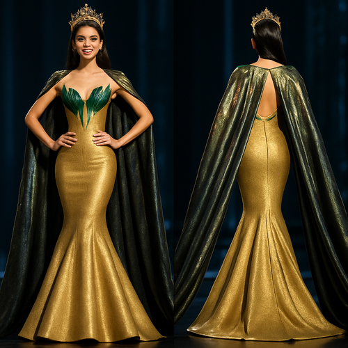
A fitted mermaid-style evening gown for a beauty queen. The main color is matte gold with touches of shiny light green. The bust area has pointed shapes in bright emerald green, creating a crown-like effect. Add a long gold cape with reflective black, gray and green tones — the gray parts should look metallic and shiny. The overall look must express luxury, confidence and Miss Grand International vibes. Full body model posing like a pageant queen on stage.
