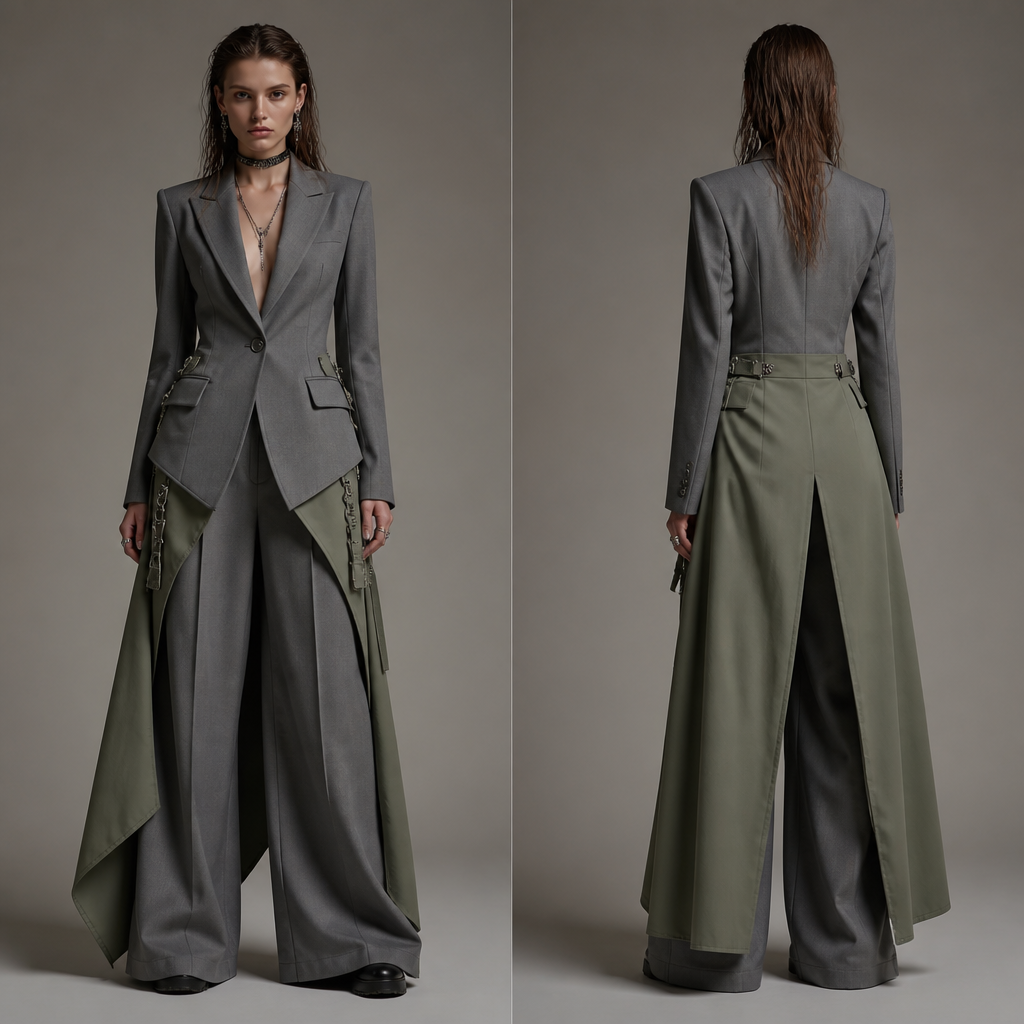 Create a formal suit for women in elegant gray fabric, bottoms is a super wide leg pants with quarter gown not too flowing on both sides in sage color, showing the pants
photorealistic fashion design, Create a formal suit for women in elegant gray fabric, bottoms is a super wide leg pants with quarter gown not too flowing on both sides in sage color, showing the pants
, punk style, just the design no text