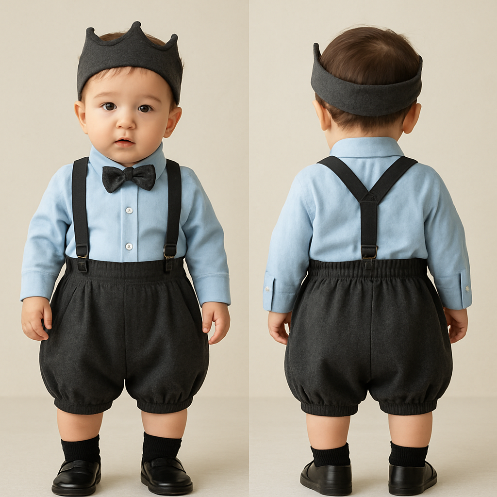 一歳の男の子着用画
薄い水色のワイシャツ、濃いグレーの蝶ネクタイ
濃いグレーの7分丈ズボン(バルーンのように丸みあり)、前面に2つポケット付き
黒のサスペンダー
短い黒い靴下にローファー
頭には濃いグレーの王冠風ヘアバンド
一歳の男の子着用画
薄い水色のワイシャツ、濃いグレーの蝶ネクタイ
濃いグレーの7分丈ズボン(バルーンのように丸みあり)、前面に2つポケット付き
黒のサスペンダー
短い黒い靴下にローファー
頭には濃いグレーの王冠風ヘアバンド
, show front and back