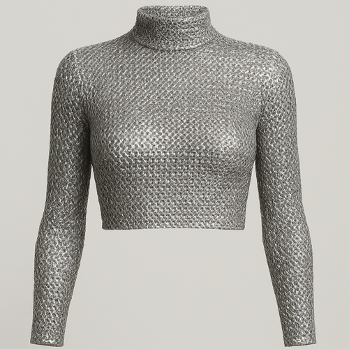 Silver chain mail long sleeve top with polo neck
Make top cropped
Reduce neck slightly