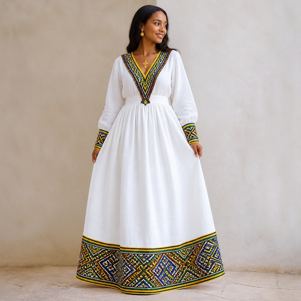 A Female Dress design, suitable for Summer. A modern Ethiopian traditional dress (Habesha Kemis) made of soft white handwoven cotton cloth. It features the colorful and intricate geometric pattern from the reference photo beautifully placed along the V-neckline, sleeve cuffs, and a wide border at the bottom hem. Elegant and flowing long dress for women.. Ethiopia fashion aesthetics.
photorealistic fashion design, A Female Dress design, suitable for Summer. A modern Ethiopian traditional dress (Habesha Kemis) made of soft white handwoven cotton cloth. It features the colorful and intricate geometric pattern from the reference photo beautifully placed along the V-neckline, sleeve cuffs, and a wide border at the bottom hem. Elegant and flowing long dress for women.. Ethiopia fashion aesthetics., just the design no text