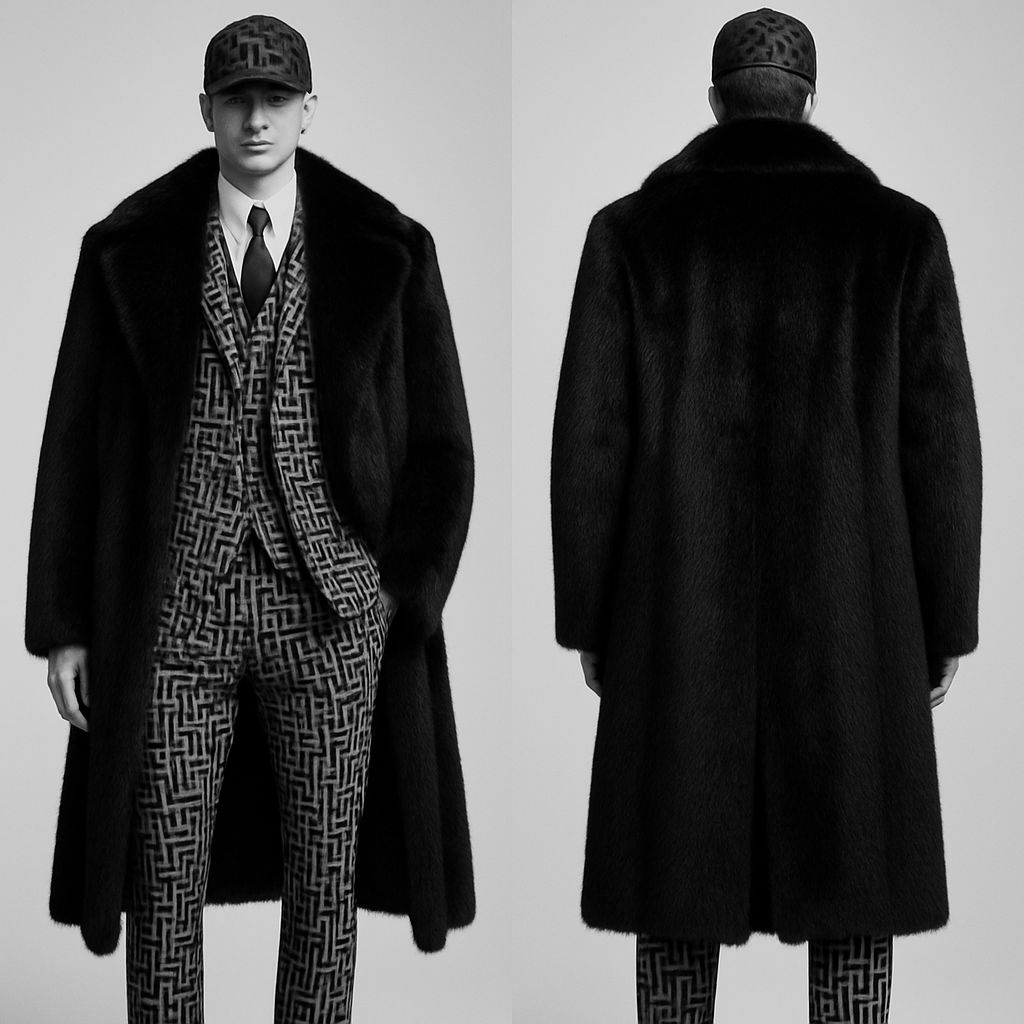 Men’s high fashion, sportswear, three-piece suit and overcoat, black and white Fendi Avangard with black mink fur
Men’s high fashion, sportswear, three-piece suit and overcoat, black and white Fendi Avangard with black mink fur, glamorous style, show front and back