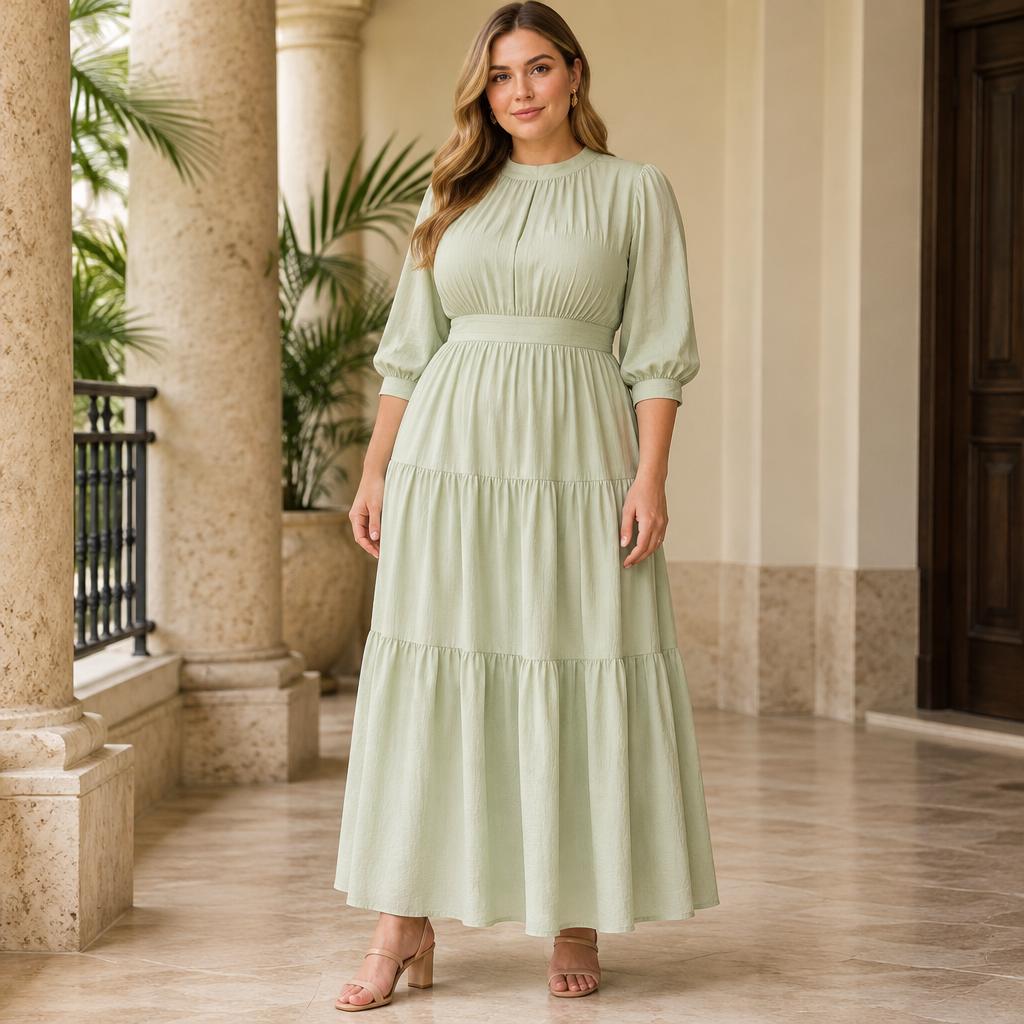 A Dress design, made of Cotton, with a light, flowing drape, with a Tailored silhouette, with modest, full coverage: longer hemlines, higher necklines and covered shoulders, in a Pastels color palette, in Elegant + Classic style, shown on a model with fair skin and a curvy figure. Un diseño de vestido limpio sencillo. Colombia fashion aesthetics. Present it as professional fashion catalogue photography: the garment is the subject, shown full-length with editorial styling, neutral posing and tasteful, non-suggestive framing.
photorealistic fashion design, A Dress design, made of Cotton, with a light, flowing drape, with a Tailored silhouette, with modest, full coverage: longer hemlines, higher necklines and covered shoulders, in a Pastels color palette, in Elegant + Classic style, shown on a model with fair skin and a curvy figure. Un diseño de vestido limpio sencillo. Colombia fashion aesthetics. Present it as professional fashion catalogue photography: the garment is the subject, shown full-length with editorial styling, neutral posing and tasteful, non-suggestive framing., elegant style, just the design no text