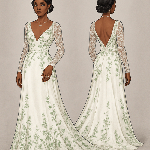 Black girl 
Finger waves with small flowers in hair 
Wedding dress
V cut at breast 
Long dress 
Long train 
Lace sleeves 
Green flower designs
Diamond ring on finger 
Diamond heart necklace 
Green eyeshadow 
Clear lipgloss 
Diamond earrings 
Diamond bracelet 
White heels with green pearls 
French tip nails with pearls 

