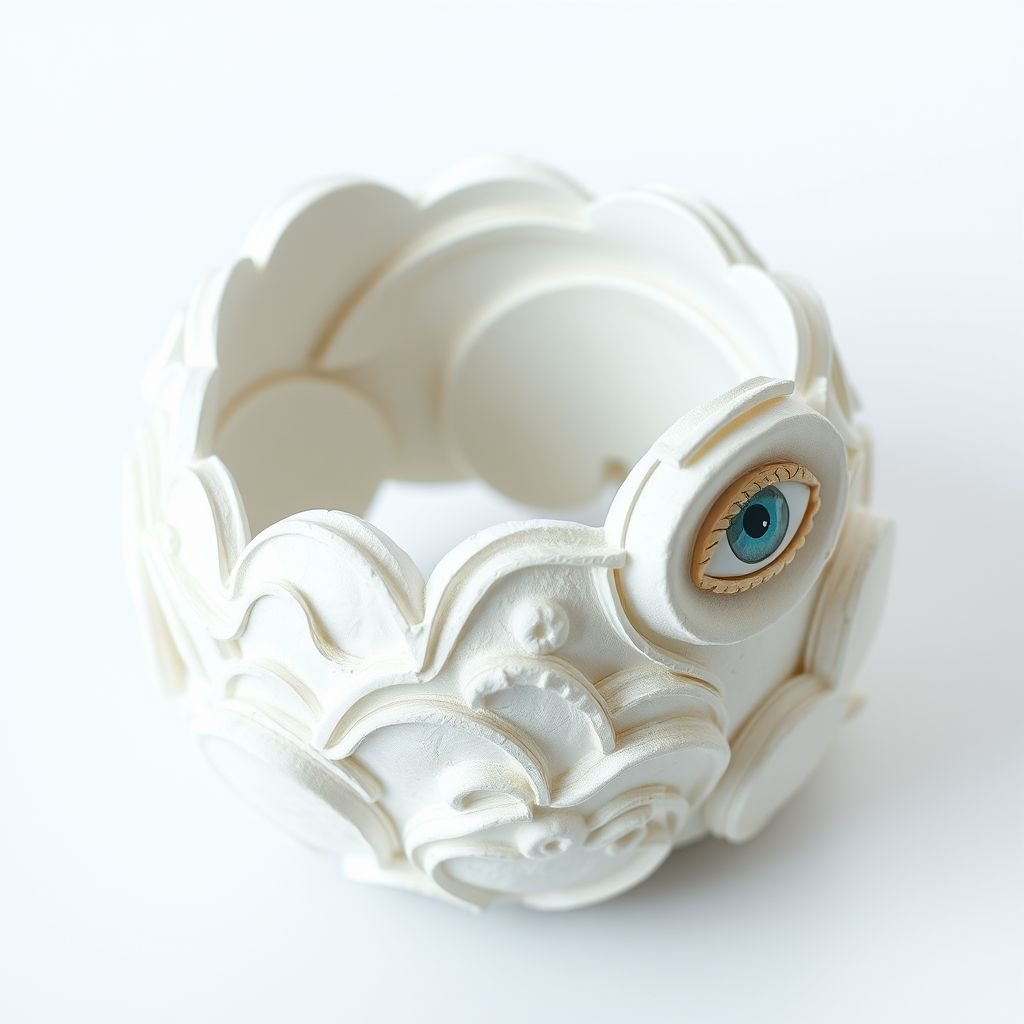 Papier-mâché minimal bangle inspired by eye and clouds
Imagine a striking papier-mâché bangle that merges minimalism with surrealism. Its surface mimics the soft, swirling textures of clouds, while delicate eye motifs are embossed, symbolizing vision and perception. The bangle features a muted palette of whites and pale blues, evoking a serene, dreamy atmosphere perfect for modern, avant-garde fashion.