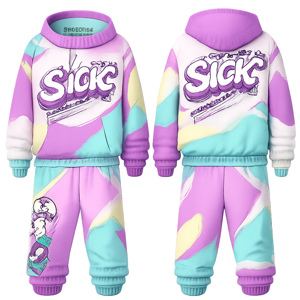 Vintage 80’s jogger set to 2026 design esthetic, bold pastels with Sick as the logo
Vintage 80’s jogger set to 2026 design esthetic, bold pastels with Sick as the logo , streetwear style, show front and back