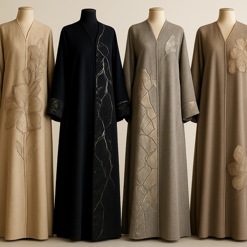 Create a modest abaya that's the first of its kind, featuring a unique stone design that exudes a classy and sophisticated vibe. I'd like four designs, each showcasing different styles and fabrics.Incorporate high-end, unique chic stone designs to make them truly special. And add little cute touch of sophisticated stone designs. Add huge flower and unique designs.