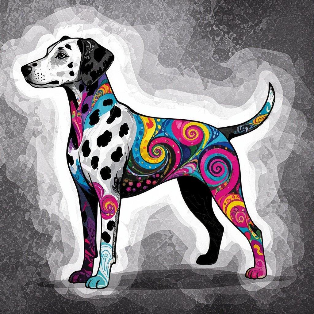 Create a boho design on a black white background. The design should be a design of a dod with colored swirls inside the dog shape boundaries on white background. Dont show anyone wearing a tshirt, i just want the design
Boho abstract design with a dalmatian dog silhouette on a monochrome background, featuring colorful swirls of pink, blue, and yellow within the dog's shape.