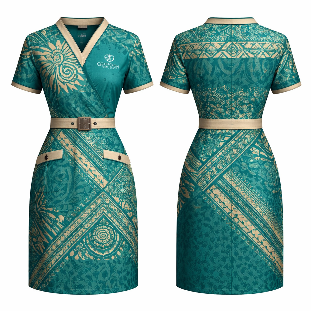 A knee length short sleeve dress with a Fiji Crowne plaza food and beverage uniform design
A knee length short sleeve dress with a Fiji Crowne plaza food and beverage uniform design, indigenous style, show front and back