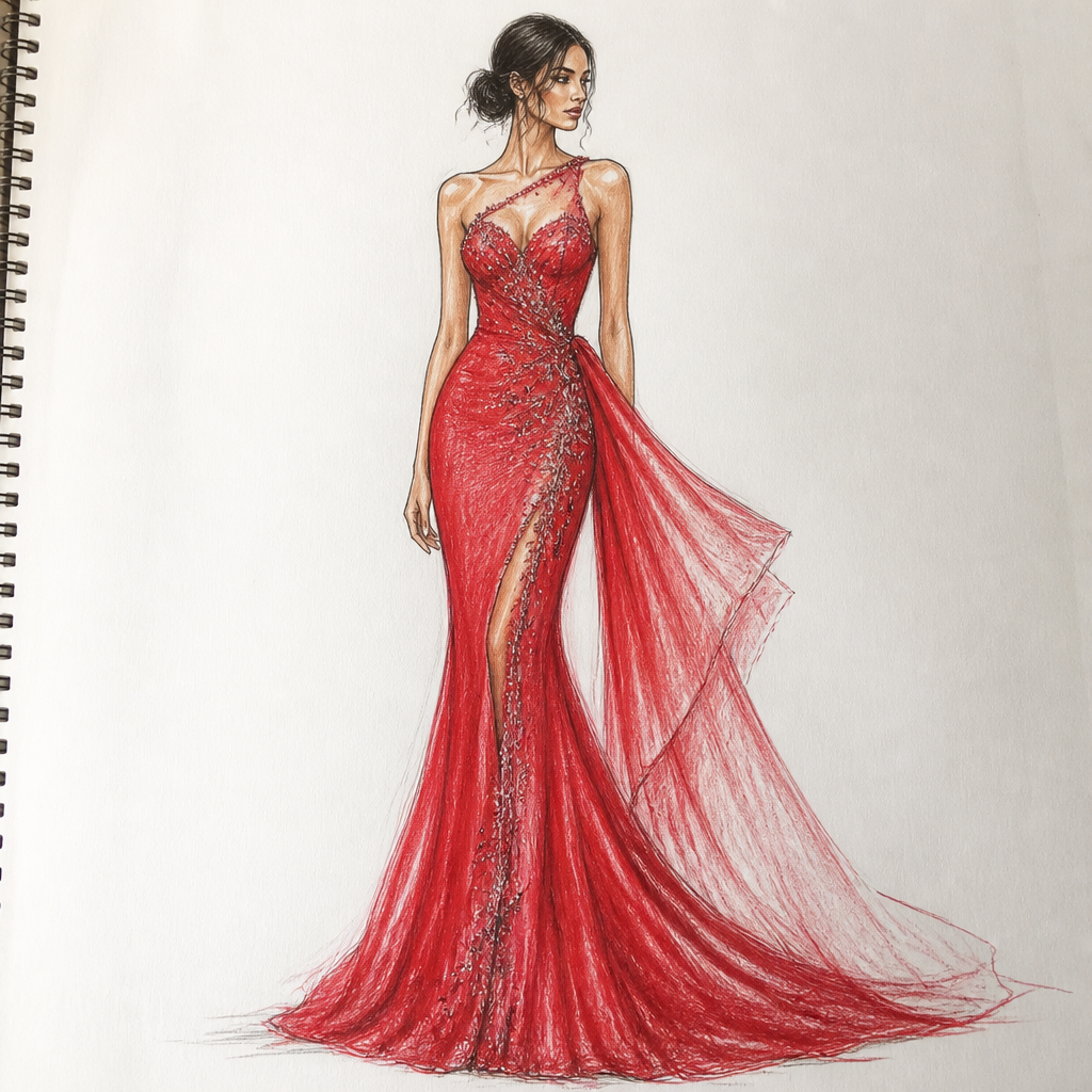 A hand-drawn fashion illustration on white sketchbook paper, as if personally drawn with black pencil and colored pencils. A stunning red formal evening gown worn by a stylized fashion illustration figure. The dress is elegant, fitted, floor-length, with beautiful artistic details, delicate embroidery, sparkling embellishments, dramatic flowing fabric and a sophisticated couture silhouette. Make it look like a real fashion designer's pencil-and-colored-pencil drawing, with visible pencil strokes, hand-drawn lines, soft colored-pencil shading and artistic imperfections. It must look like a DRAWING on paper, not a real dress, not a photograph, not realistic, not a 3D render, and not a mannequin. Full-body fashion sketch composition.. IR fashion aesthetics. Present it as professional fashion catalogue photography: the garment is the subject, shown full-length with editorial styling, neutral posing and tasteful, non-suggestive framing.
photorealistic fashion design, A hand-drawn fashion illustration on white sketchbook paper, as if personally drawn with black pencil and colored pencils. A stunning red formal evening gown worn by a stylized fashion illustration figure. The dress is elegant, fitted, floor-length, with beautiful artistic details, delicate embroidery, sparkling embellishments, dramatic flowing fabric and a sophisticated couture silhouette. Make it look like a real fashion designer's pencil-and-colored-pencil drawing, with visible pencil strokes, hand-drawn lines, soft colored-pencil shading and artistic imperfections. It must look like a DRAWING on paper, not a real dress, not a photograph, not realistic, not a 3D render, and not a mannequin. Full-body fashion sketch composition.. IR fashion aesthetics. Present it as professional fashion catalogue photography: the garment is the subject, shown full-length with editorial styling, neutral posing and tasteful, non-suggestive framing., just the design no text