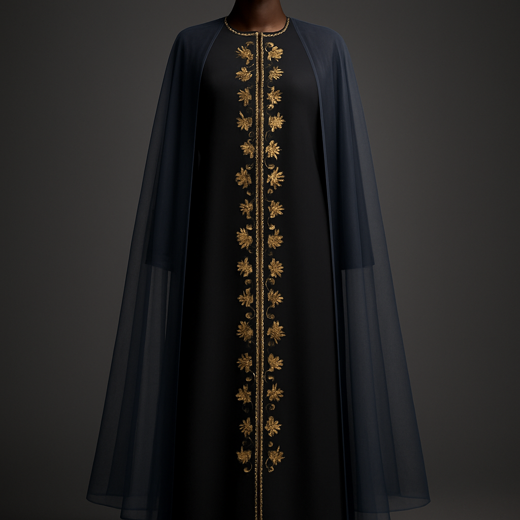 Prompt (detailed, English):
"Photorealistic fashion render of an ankle‑length solid black crepe abaya with an attached light‑navy tulle cape. Placement: a single straight vertical line of Pakistani floral embroidery in warm metallic gold (#d4af37) runs from the center of the neckline opening down to the ankle; individual flower motifs vary in rotation and spacing for an organic/random look but strictly follow the central vertical axis. Density: light-to-medium — motifs spaced to feel airy yet continuous. Embroidery scale: medium (3–6 cm motifs) with subtle metallic sheen and tiny bead highlights; small ivory pearls intermittently sewn along the front opening edges (simple, elegant spacing). Cape: sheer light navy tulle attached at shoulders, slightly transparent so the black base shows through, falls to ankles. Mannequin: polished dark mahogany wooden mannequin visible to the ankles with elegant round base. Lighting & presentation: studio soft top‑down key with gentle rim light, neutral dark‑to‑mid gray gradient background, soft floor shadow. Shots: full‑length front (portrait 2:3) showing neckline to ankles, 3/4 view, and close‑ups of embroidery and pearl detail. Mood: refined high‑end fashion catalog photorealism, crisp textures, shallow DOF on closeups."
Short prompt (compact):
"Black ankle‑length crepe abaya + light‑navy tulle cape; central vertical Pakistani gold floral embroidery from neckline opening to ankle, light‑to‑medium density; gold front trim with small ivory pearls; polished mahogany mannequin; studio photorealistic fashion render."
Prompt (detailed, English):
"Photorealistic fashion render of an ankle‑length solid black crepe abaya with an attached light‑navy tulle cape. Placement: a single straight vertical line of Pakistani floral embroidery in warm metallic gold (#d4af37) runs from the center of the neckline opening down to the ankle; individual flower motifs vary in rotation and spacing for an organic/random look but strictly follow the central vertical axis. Density: light-to-medium — motifs spaced to feel airy yet continuous. Embroidery scale: medium (3–6 cm motifs) with subtle metallic sheen and tiny bead highlights; small ivory pearls intermittently sewn along the front opening edges (simple, elegant spacing). Cape: sheer light navy tulle attached at shoulders, slightly transparent so the black base shows through, falls to ankles. Mannequin: polished dark mahogany wooden mannequin visible to the ankles with elegant round base. Lighting & presentation: studio soft top‑down key with gentle rim light, neutral dark‑to‑mid gray gradient background, soft floor shadow. Shots: full‑length front (portrait 2:3) showing neckline to ankles, 3/4 view, and close‑ups of embroidery and pearl detail. Mood: refined high‑end fashion catalog photorealism, crisp textures, shallow DOF on closeups."
Short prompt (compact):
"Black ankle‑length crepe abaya + light‑navy tulle cape; central vertical Pakistani gold floral embroidery from neckline opening to ankle, light‑to‑medium density; gold front trim with small ivory pearls; polished mahogany mannequin; studio photorealistic fashion render.", show front and back