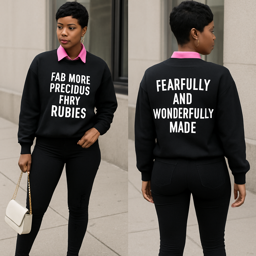 Black woman
Pixie cut
Pink collared shirt
Black sweater shirt says far more precious than rubies in white
On the back it says fearfully and wonderfully made in white
Tight black pants with 3 black crosses on them
Pink heels
White purse
Gold jewelry
Black woman
Pixie cut
Pink collared shirt
Black sweater shirt says far more precious than rubies in white
On the back it says fearfully and wonderfully made in white
Tight black pants with 3 black crosses on them
Pink heels
White purse
Gold jewelry
, streetwear style, show front and back