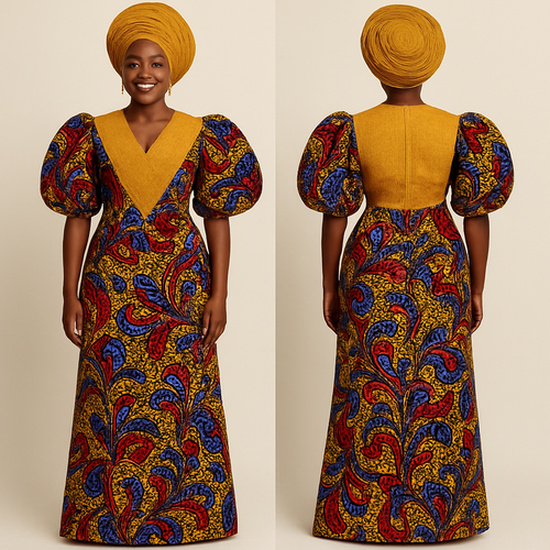 An Ankara bubu gown mixed with Asooke at the v neck and head 