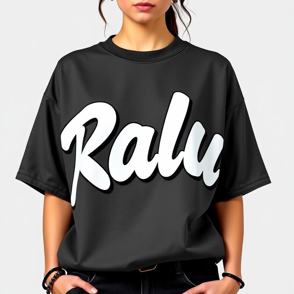 A man’s t- shirt with the words ‘Ralu’ in puffed up 3D font in front of the shirt and looking like luxury, designed for women, light weight Pima cotton and 5% nylon blend, designed for menswear
Design a women's streetwear t-shirt featuring the word ‘Ralu’ in bold, puffed-up 3D font across the front. Crafted from lightweight Pima cotton blended with 5% nylon for a sleek silhouette, this oversized tee boasts a casual yet luxury feel, combining edgy urban aesthetics with comfort. Perfectly designed for contemporary street style.