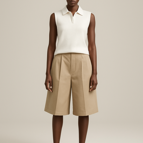 Muscle shirt with a collar and oversized below knee shorts , show head to toe on black woman