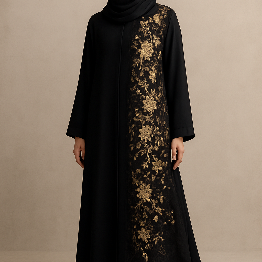 The Gold Veil Lace Abaya
Tone: Black
Design:
A soft lace panel on one side with gold floral embroidery and crystals.
The Gold Veil Lace Abaya
Tone: Black
Design:
A soft lace panel on one side with gold floral embroidery and crystals.