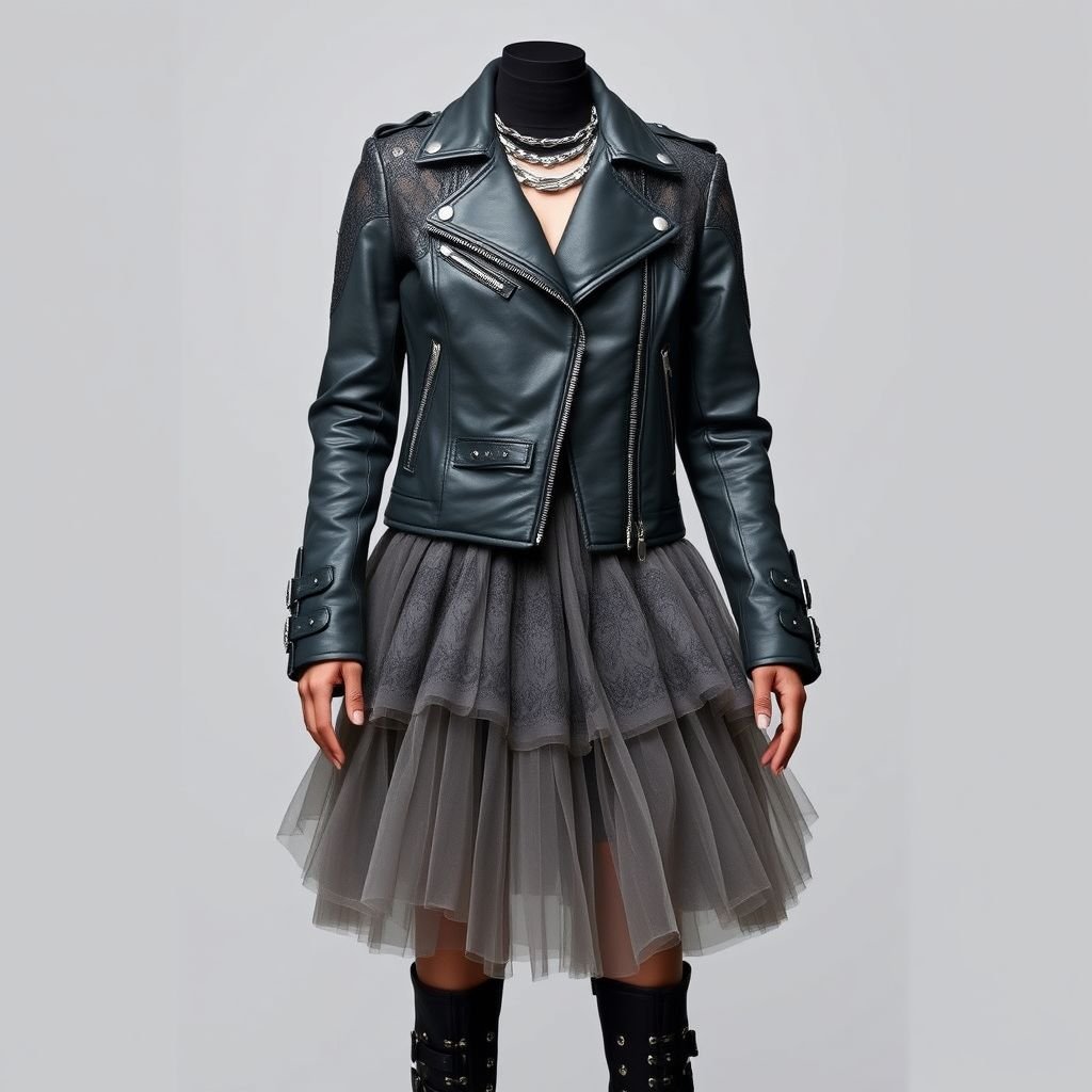 Couture, slate grey, leather, lace, tulle
Design a striking biker-inspired couture outfit featuring a slate grey leather jacket adorned with intricate lace overlays, showcasing edgy cut-outs. Pair it with a flowing tulle skirt that contrasts the tough exterior, layered for dramatic effect. Complete the look with studded boots and bold silver jewelry for a fierce, empowered attitude.